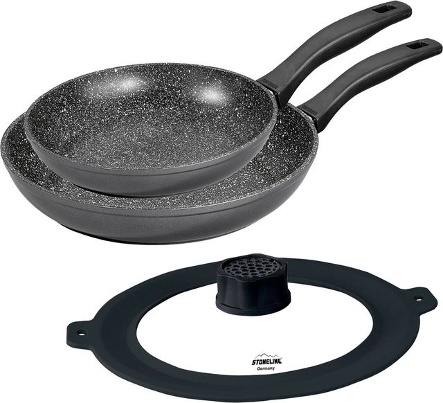 STONELINE 3-teiliges Pfannen-Set mit Deckel aus Aluminium in Schwarz mit Antihaftbeschichtung - Bild 1