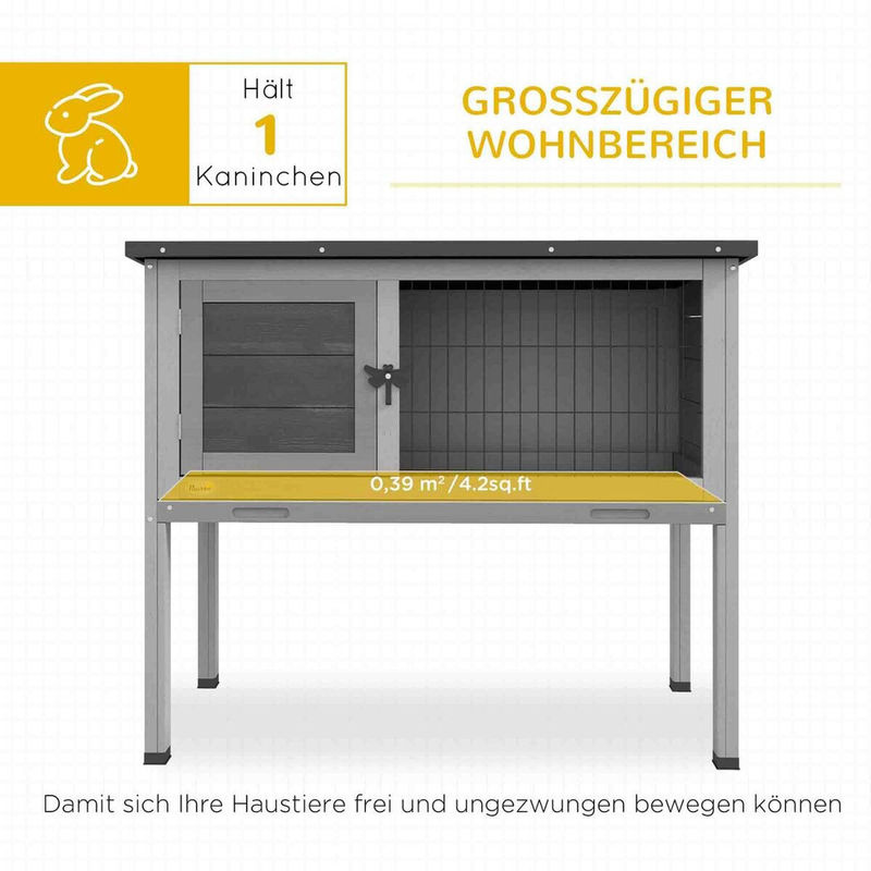 PawHut Hasenstall aus Tannenholz in Grau mit aufklappbarem Dach für Kaninchen und Meerschweinchen, B/T/H: 84 x 43 x 70 cm - Bild 5