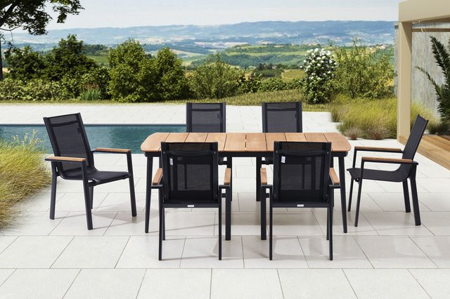 OUTFLEXX Garten-Essgruppe aus Aluminium, Teakholz und Textil in Anthrazit Matt mit 6 Sesseln, Tisch B: 184 cm, T: 100 cm, H: 73 cm - Bild 1