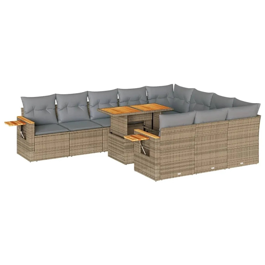 vidaXL 11-tlg Garten-Sofagarnitur in L-Form aus Polyrattan und Akazienholz mit Kissen in Beige-Grau - Bild 2