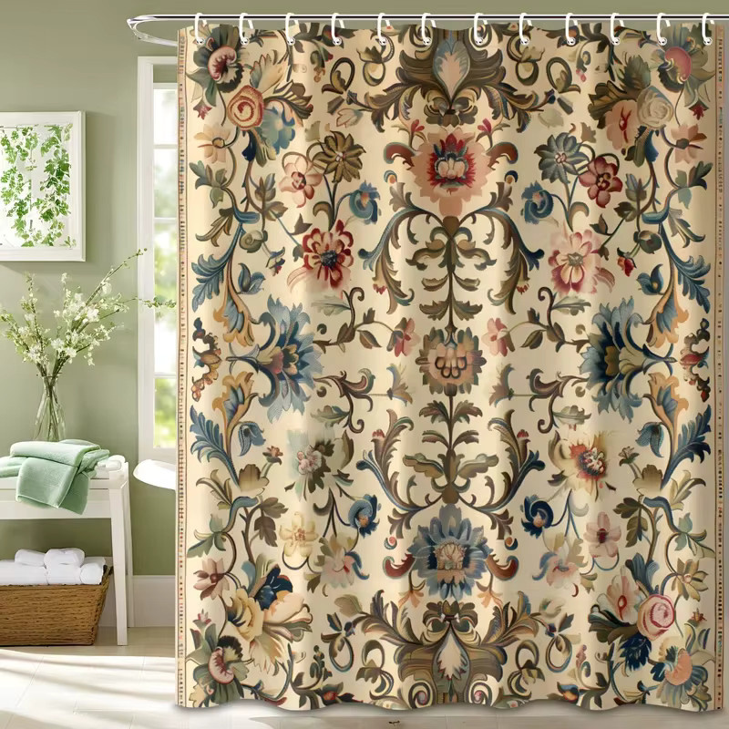 VIKAMA Vintage Ethno Blumen Duschvorhang Wasserdicht, Mehrfarbig, B/H: 180 x 90 cm - Bild 2