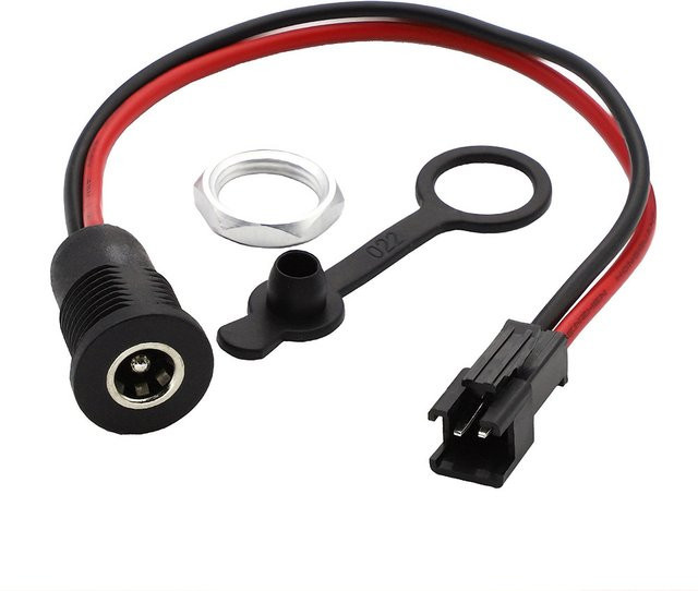 JCD DC 5,5 x 2,1 mm Stromanschlussbuchse in Schwarz, wasserdicht zur Panelmontage mit 2-poligem JST SM Steckerkabel für Elektroroller - Bild 1