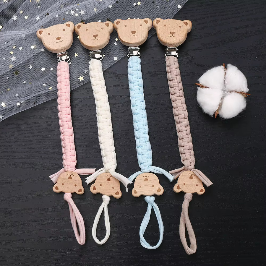 Baby Schnuller Kette aus Buche Holz und Baumwolle mit Tier-Motiv als Beißspielzeug und Halter für den Schnuller - Bild 2