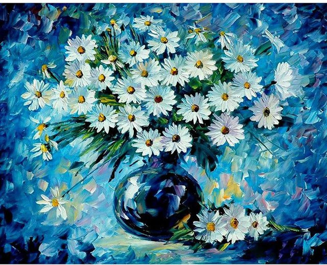 FIYO 3D Diamantmalerei Daisy Look mit blauem Hintergrund, Florales Motiv, Breite: 30 cm, Höhe: 20 cm - Bild 1