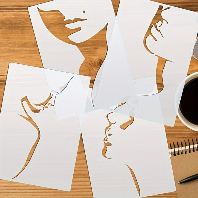 4-teiliges Set A4 Moderne Gesichtslinien-Malschablonen aus Kunststoff für abstrakte Porträt-DIY-Projekte auf Holz, Stoff oder T-Shirts - Bild 1