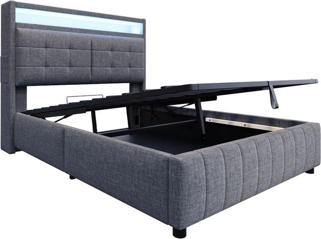 okwish Polsterbett mit LED-Beleuchtung und USB-Anschluss in Grau mit Stauraum B/T/H: 140 x 200 x 147 cm - Bild 1