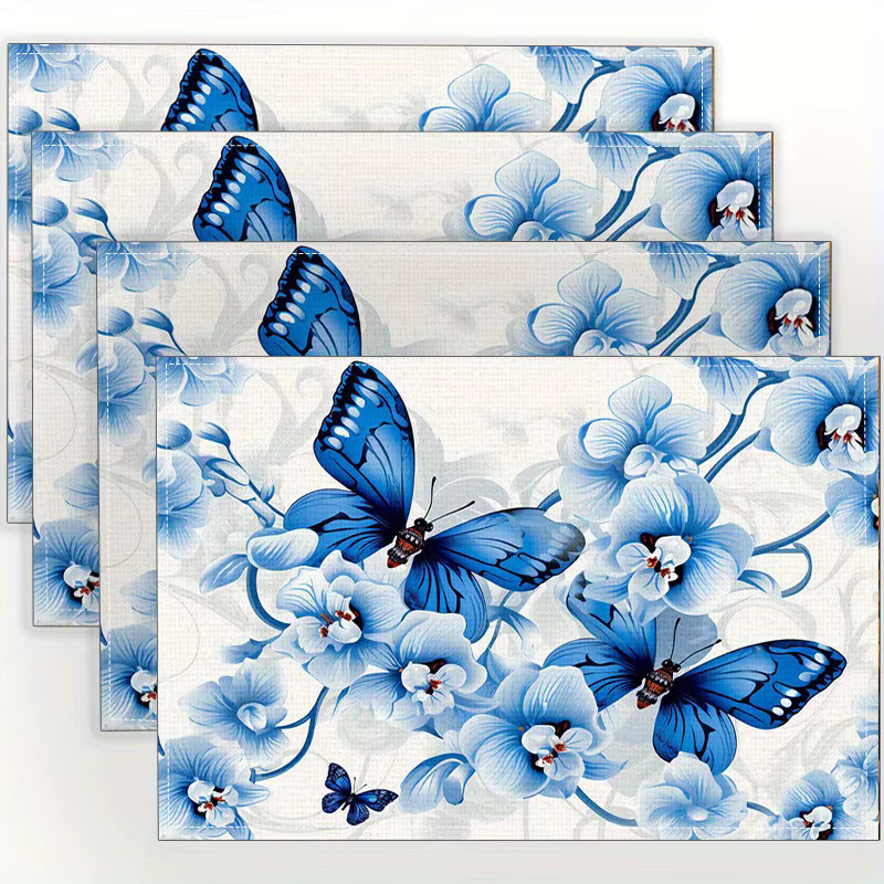 VIKAMA 4-teiliges Tischset aus Leinen mit Blumen- und Schmetterlingsmuster in Blau und Weiß, rechteckig, B/T: 45 x 30 cm - Bild 2