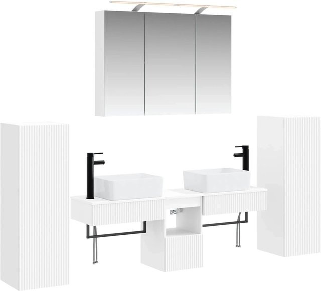 vidaXL Badezimmermöbel-Set 6-teilig in Weiß aus Ingenieurholz und Glas mit LED-Beleuchtung und Spiegelschrank - Bild 1