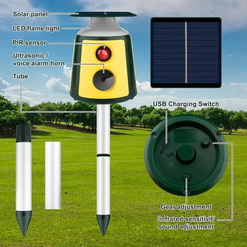 SAIJZEK Solarbetriebener Tiervertreiber mit 360-Grad-Infrarotsensor und LED-Taschenlampe zur Abwehr von Nagetieren und Vögeln im Garten - Bild 4