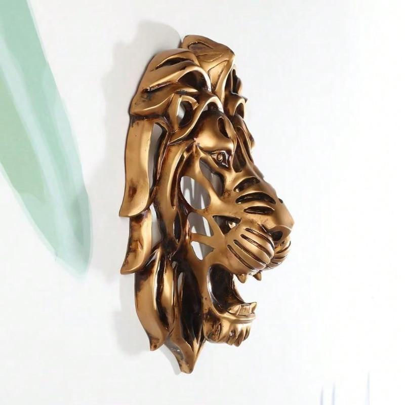 YJSTY Löwenkopf Skulptur aus Kunstharz als Wanddeko in Gold - Bild 4