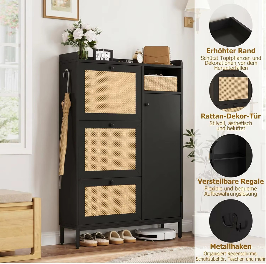 Garvee Schuhschrank in Schwarz mit 3 Klappschubladen und 4-stufigem Regal, moderner Rattan-Organizer mit Metallgriffen für Flur und Eingangsbereich - Bild 4