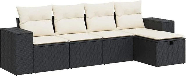 vidaXL 5-teilige Garten-Sofagarnitur aus Polyrattan in Schwarz mit Polsterkissen und Ottoman für Terrasse und Garten - Bild 1