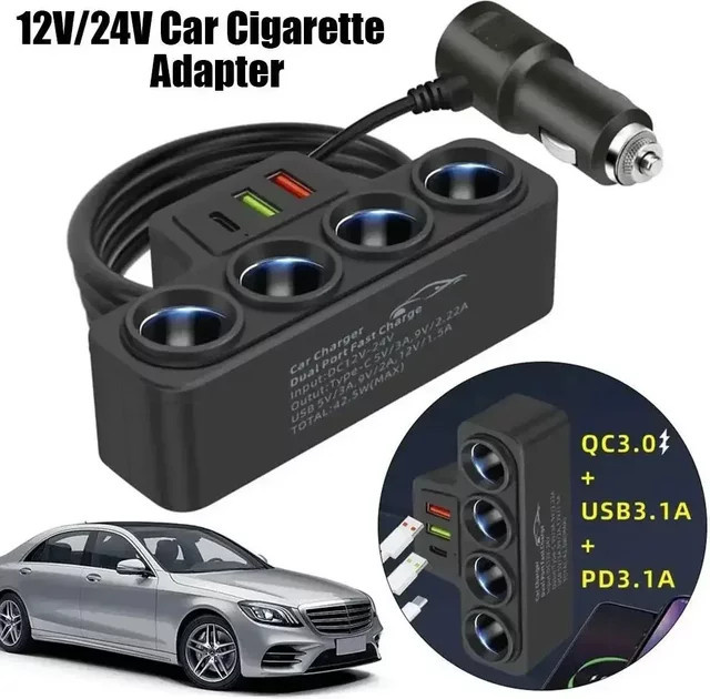 General Motors 3-in-1 Dual-USB-Ladegerät für das Auto in Schwarz, multifunktionaler Konvertierungsstecker für DVR und GPS - Bild 1
