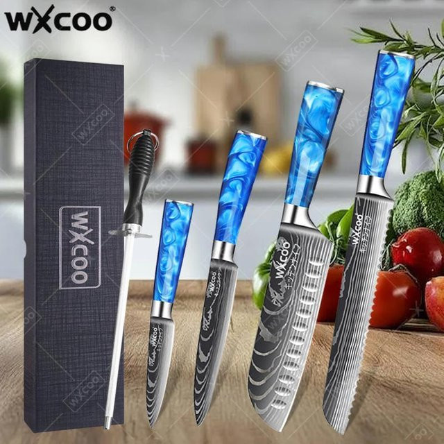 WXCOO Professionelles Japanisches Santoku-Küchenmesser mit Damaszener-Muster und blauem Kunstharzgriff - Bild 1