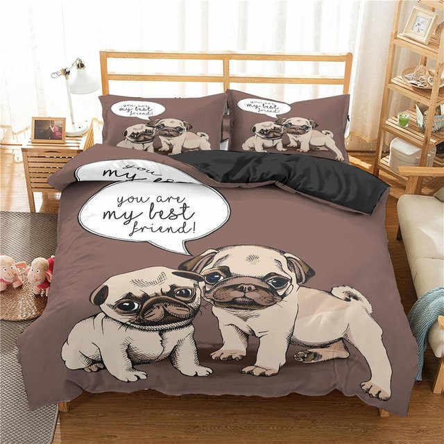 Bettwäsche Set Cartoon Mops mit Bettbezug und Kissenbezügen aus Polyester, Braun, B/H: 135 x 200 cm, Kissen: 50 x 70 cm - Bild 1