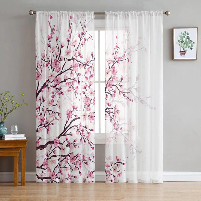 Yiran Furniture Transparenter Voile-Vorhang Kirschblüten-Pflaumenzweig in Rosa und Weiß, B: 135 cm, H: 215 cm - Bild 1