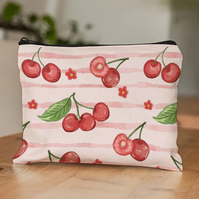 Sweet Cherry Kosmetiktasche Damen, rosa gestreift, Kirschdruck - Bild 1