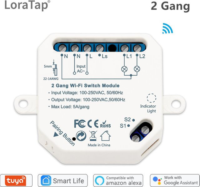 LoraTap Tuya Smart Leben Wifi Schalter 2 Gang Relais Modul in Weiß zur intelligenten Beleuchtungssteuerung mit Google Home und Alexa Sprachsteuerung - Bild 1