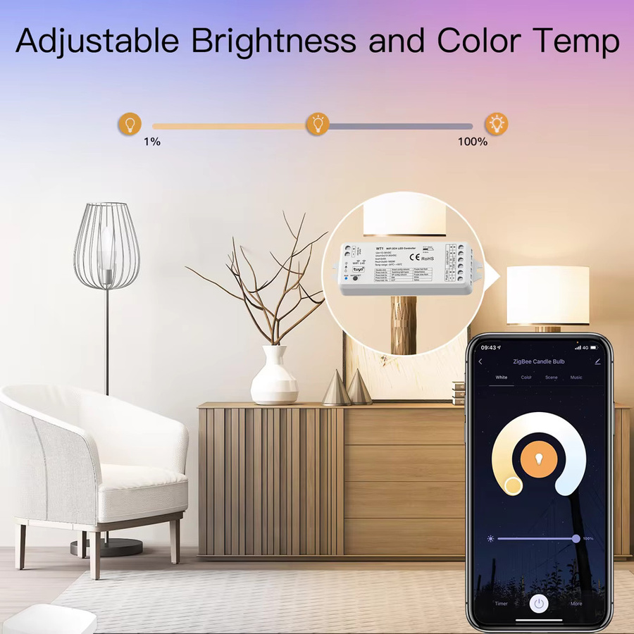 Tuya Smart Life 2-in-1 WLAN LED Controller für 12V 24V CCT LED Streifen mit RF Touch Panel Fernbedienung, kompatibel mit Alexa und Google Home, Farbe: Weiß - Bild 2