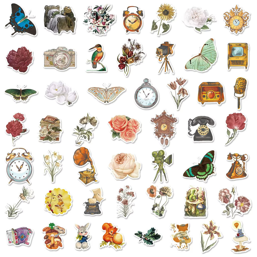 50 Stück Wasserdichte Retro Aufkleber mit Blumen, Pflanzen und Schmetterlingen in Multicolour von BulingBulingStickers Shop - Bild 3