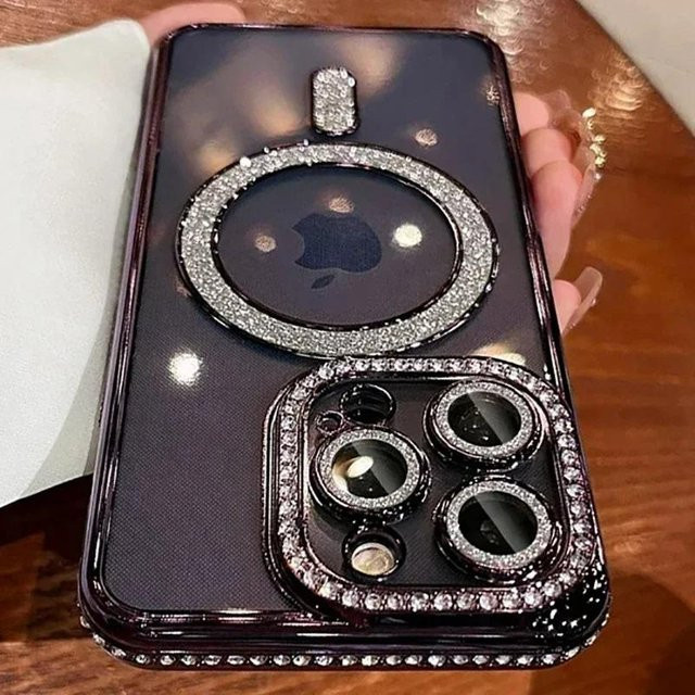 Yiran Bag Magnetische Glitzer Handyhülle mit Diamant-Design für iPhone 11 bis iPhone 16 Pro Max Plus, MagSafe kompatibel, Transparent oder Schwarz - Bild 1