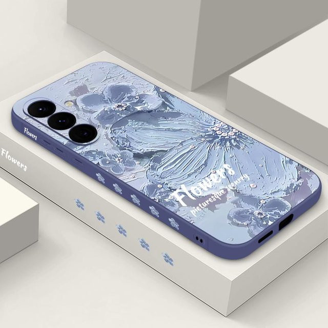 Stoßfeste Handyhülle mit Ölgemälde Blume und Lanyard für Samsung Galaxy S24 S23 S22 S21 S20 Ultra sowie A55 A54 A35 A34 A52 A52S in Grau - Bild 1