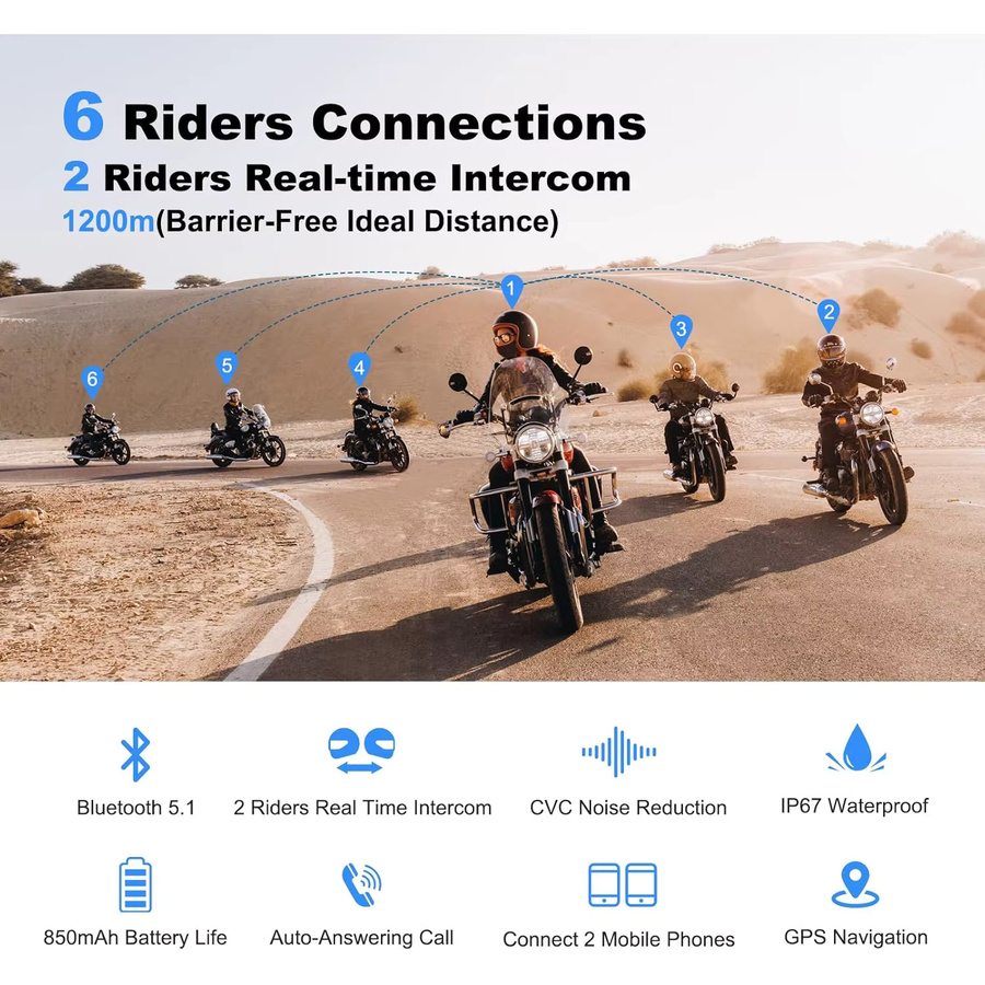 EJEAS V6 PRO+ Bluetooth-Headset für Motorradhelme, wasserdichte Gegensprechanlage mit 800 m Reichweite, Vollduplex-Kommunikator für 6 Fahrer, Schwarz - Bild 2