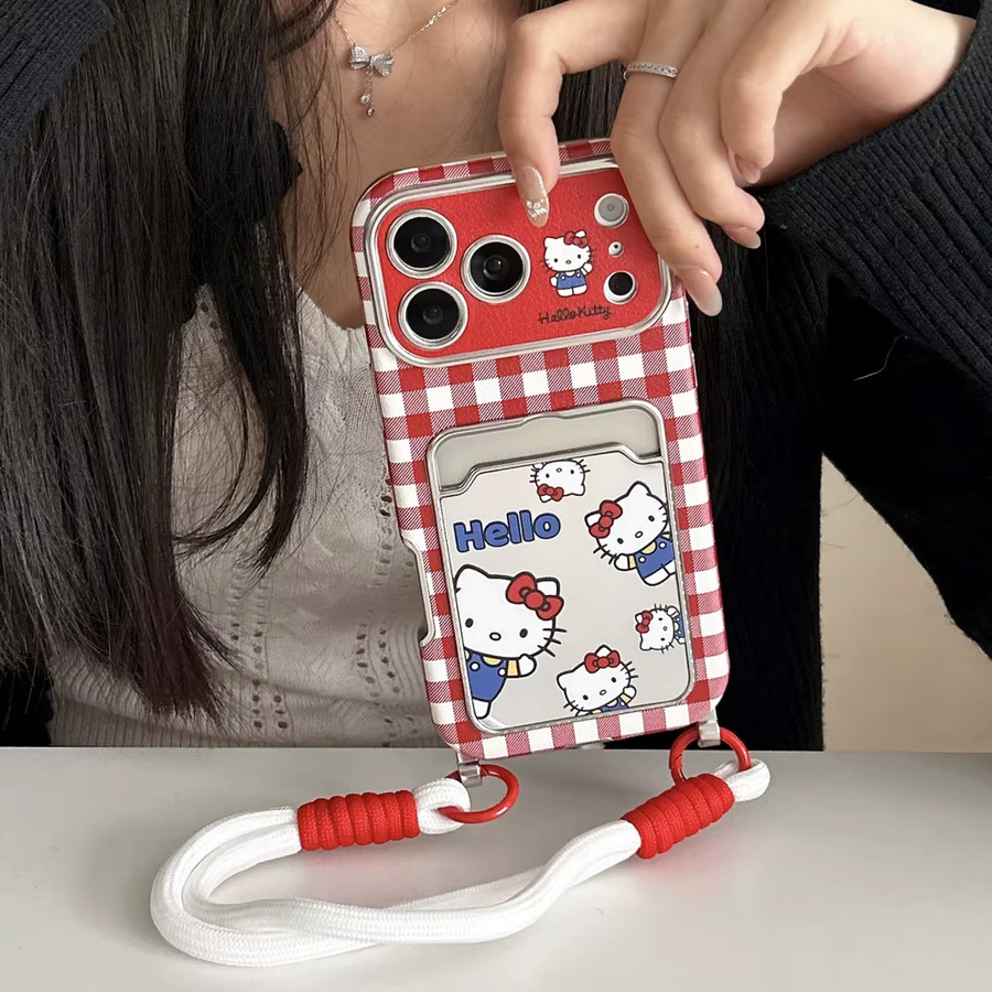 Sanrio Hello Kitty Handyhülle aus weichem Leder mit Gitter-Kartenhalter und Trageband für iPhone 17 16 15 14 13 Pro Max - Bild 2