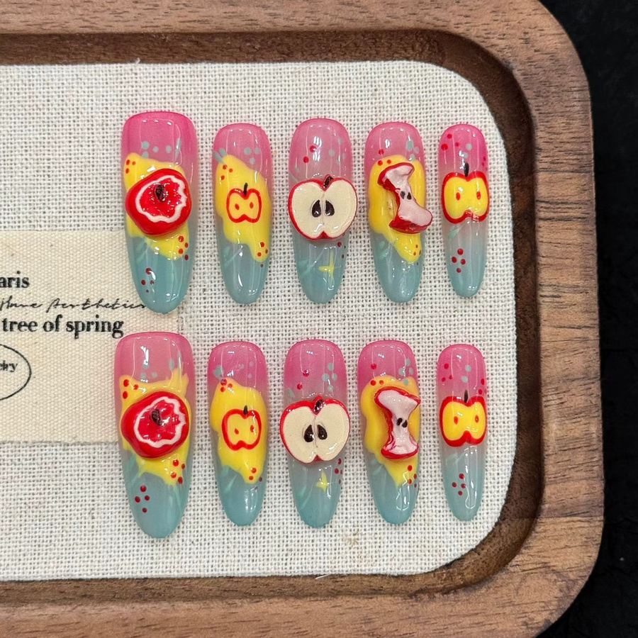 YADORNOS Künstliche Nägel zum Aufdrücken, 3D-Apfel Cartoon, Mandelform, Glänzend, 10 Stück - Bild 3