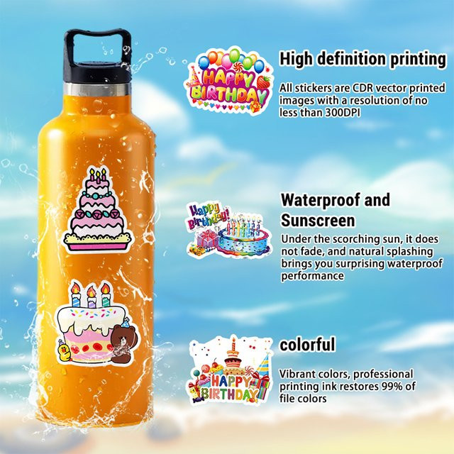 50 Stück Happy Birthday Kawaii Aufkleber Set aus wasserfestem Vinyl in Multicolour für Scrapbooking und Journaling - Bild 1