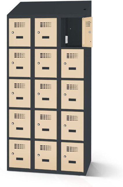 rotstahl Fächerschrank mit Ladefunktion und 15 Fächern in Elfenbein mit anthrazitgrauem Korpus, B: 120 cm, H: 200 cm - Bild 1