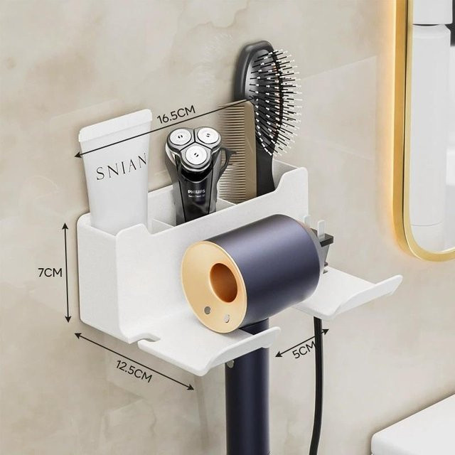 WIKHOSTAR Haartrockner-Halter zur Wandmontage mit Organizer-Regal für Haarglätter in Weiß - Bild 1