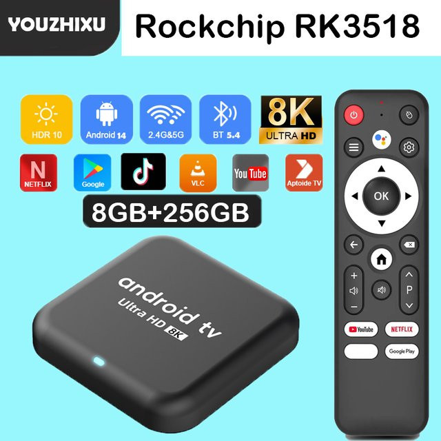 Smart TV Box Q18 Android 14 mit 8 GB RAM und 256 GB Speicher, Rockchip RK3518, 8K Video, Google Assistant und Bluetooth 5.4, Schwarz - Bild 1