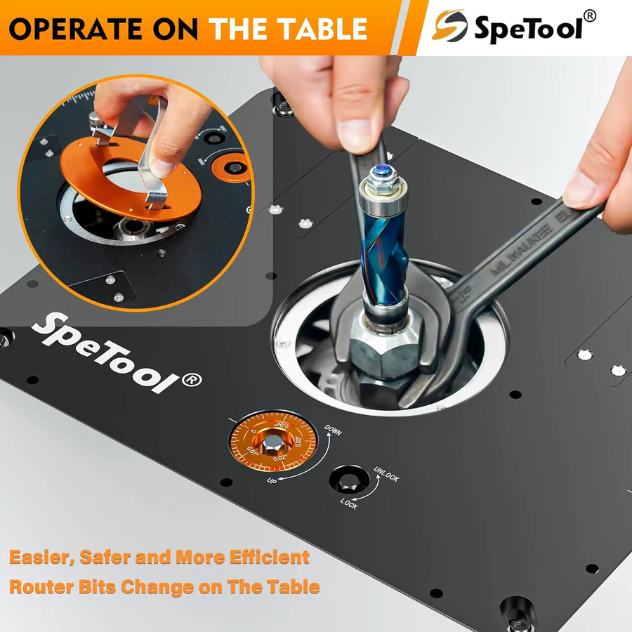 SpeTool P01002 Professionelles Fräser-Hebesystem aus Aluminium für Oberfräsen mit präziser Einlegeplatte und DIY-Schablone - Bild 4