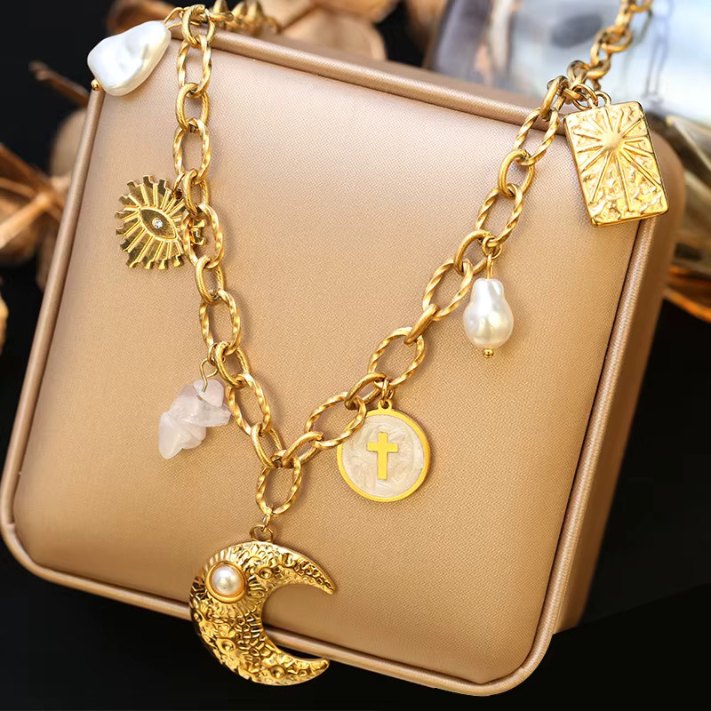 EILIECK Halskette Edelstahl, Gold, Perle, Mond, Damen - Bild 3