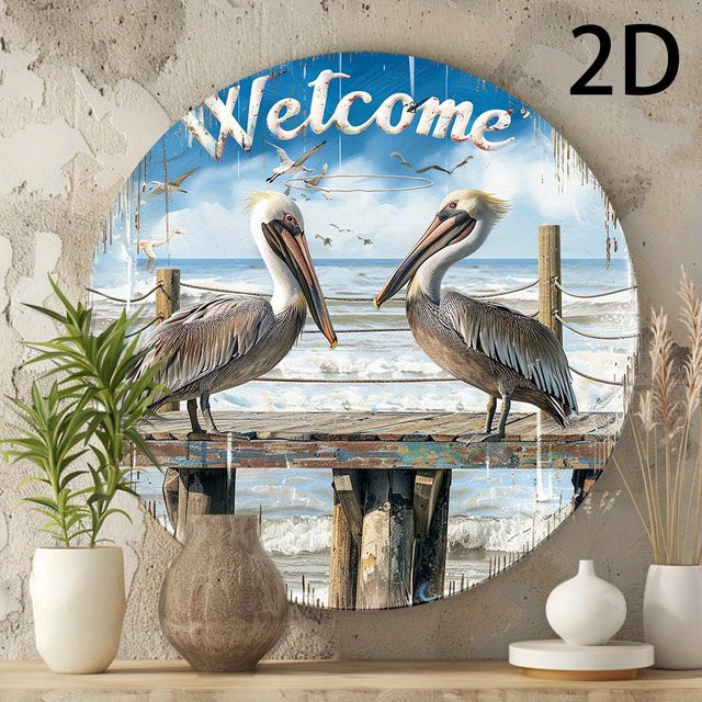 Potdemiel Rundes Aluminiumschild Welcome Pelicans Vintage Metallschild für Garten und Wanddekoration, Durchmesser: 20 cm, Mehrfarbig - Bild 1