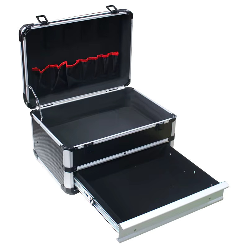 Tragbarer Aluminium-Werkzeugkoffer mit Schubladen in Schwarz, Multifunktions-Werkzeugaufbewahrung und Geräte-Organizer, B/T/H: 39,0 x 27,0 x 22,0 cm - Bild 4