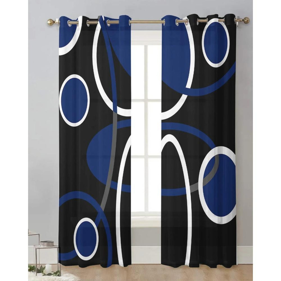 Yiran Furniture Transparente Voile-Vorhänge mit geometrischem Muster in Blau und Schwarz, Breite: 135 cm, Höhe: 137 cm - Bild 1