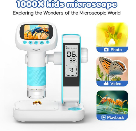 RIEVBCAU Kinder-Digitalmikroskop, 1000-fach, Foto und Video, tragbares Mikroskop