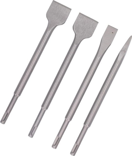 4er Set Elektrohammer Meißel aus Edelstahl mit Spitz- und Flachmeißel in Grau und Silber für Stein, Beton und Ziegelwand - Bild 1