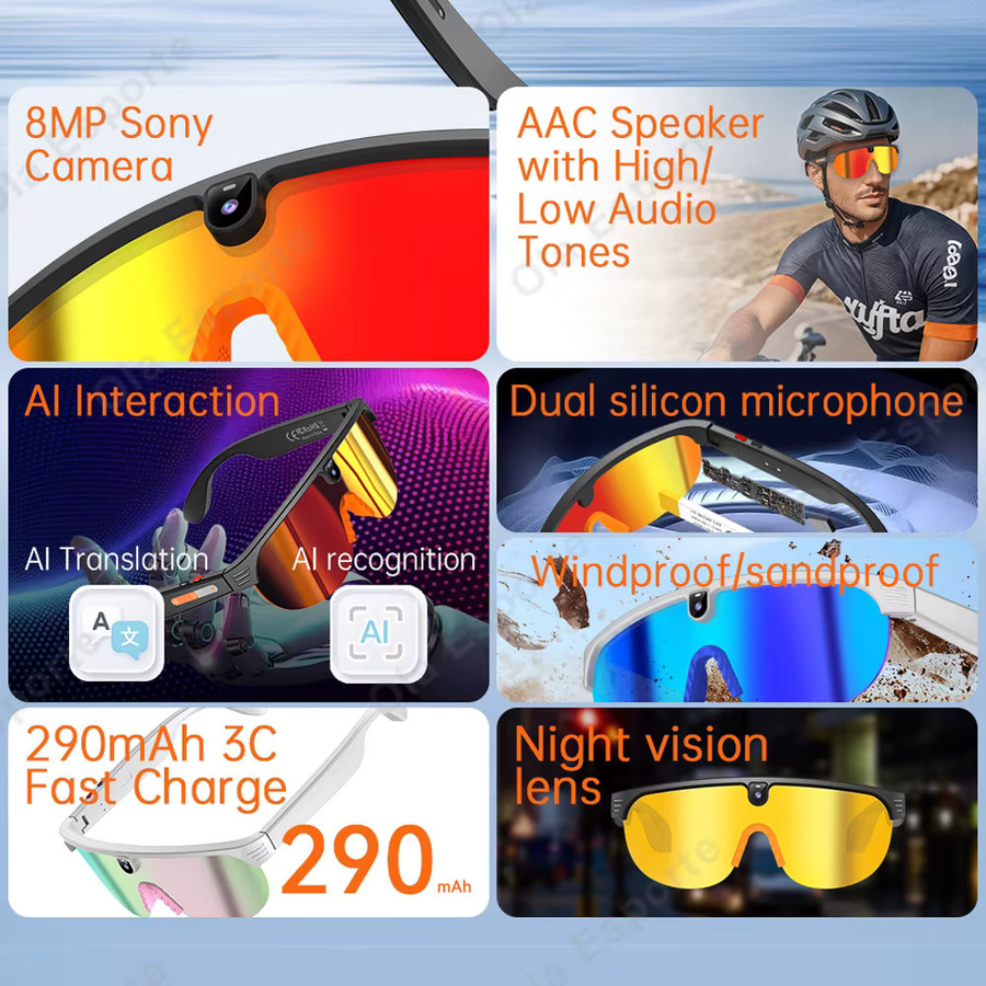 Ola Esporte KI-Smart-Fahrradbrille für Herren mit 4K HD Kamera, Videoaufnahme, Übersetzungsfunktion sowie Anruf- und Musikfunktion - Bild 3