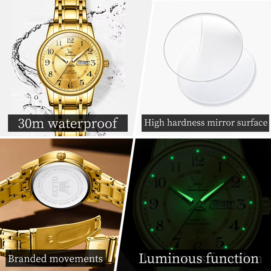 OLEVS Armbanduhr Quarz, Edelstahl, Gold, Damen, Datum, Wochentag - Bild 4