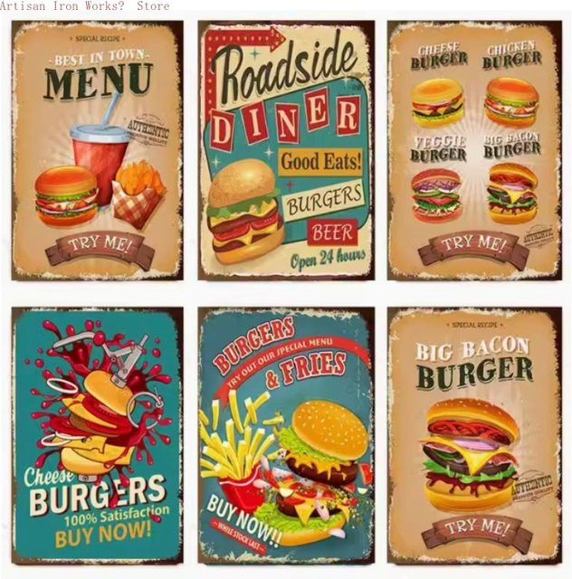 6-teiliges Vintage-Hamburger-Metallschild-Set von Potdemiel als Wanddekoration aus Eisen in Mehrfarbig mit Burger- und Pommes-Designs - Bild 1