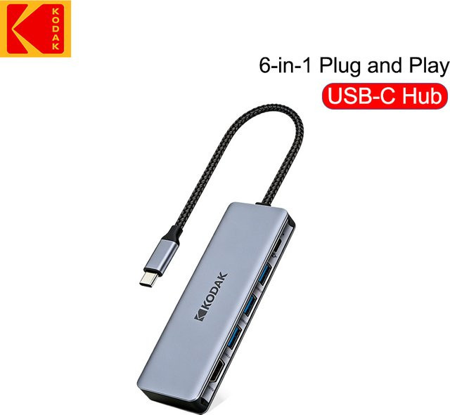 Kodak Fünf-in-Eins Multifunktions-Kartenleser-Hub T344 in Grau mit USB 3.0, USB 2.0, Typ-C-Schnittstelle und SD/TF-Kartenleser - Bild 1