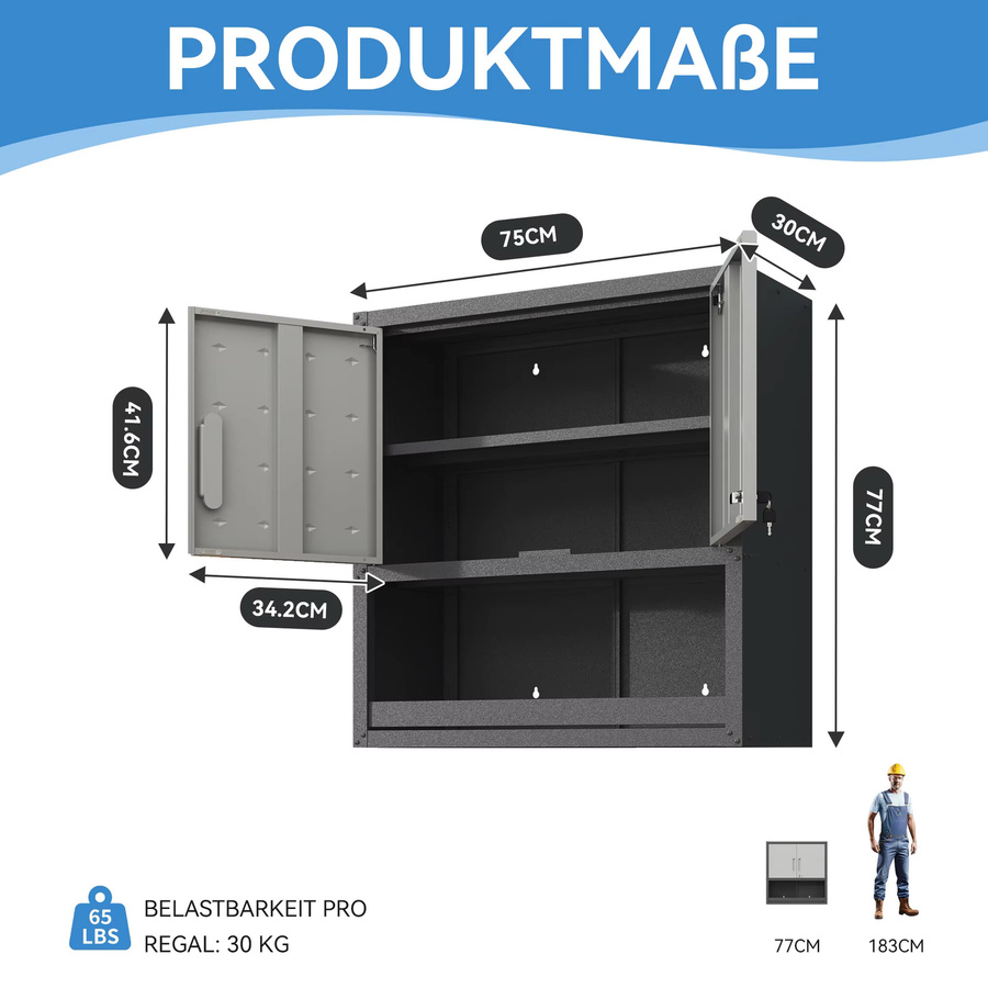 Wandmontierter Werkzeugschrank aus Metall mit abschließbarer Tür in Grau und Schwarz, B: 75 cm, H: 77 cm, T: 30 cm - Bild 3