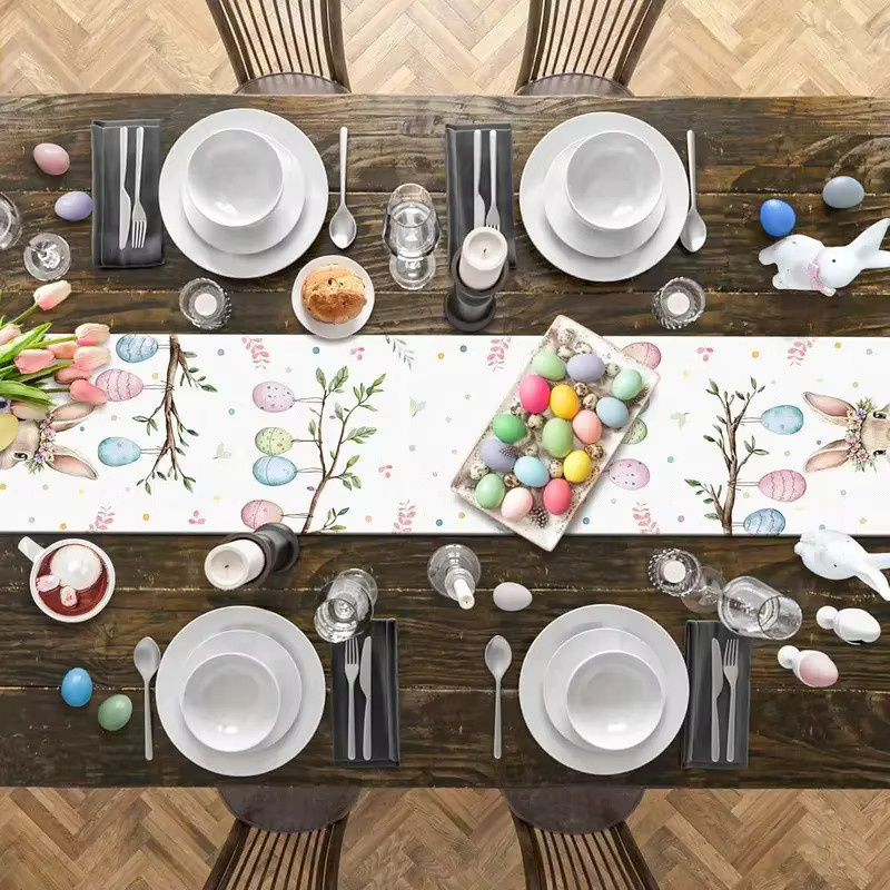 VIKAMA Osterhase Ei Tischdecke aus Leinen in Weiß, rustikale Frühlings-Dekoration für deinen Esstisch, rechteckig und maschinenwaschbar - Bild 5