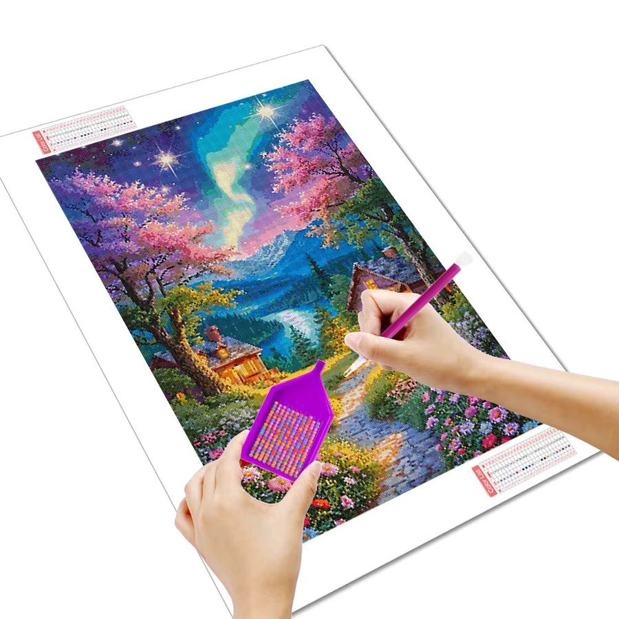 Huacan Volldiamantgemälde Aurora Haus Baum Landschaft als Diamant Stickerei Set in Mehrfarbig, B/H: 30 x 20 cm - Bild 2