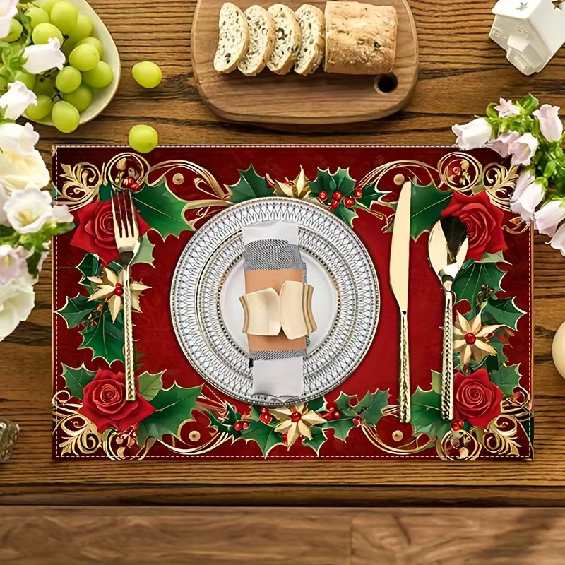 VIKAMA Weihnachts-Tischset aus Leinen mit floralem Rosenmuster und Goldkante in Rot, rechteckig - Bild 3