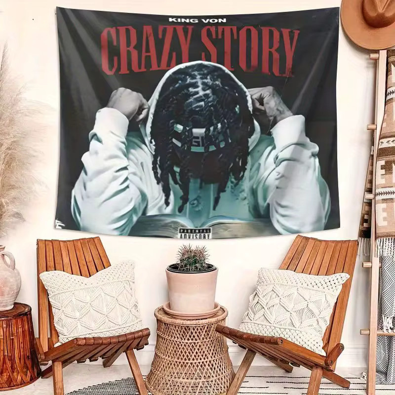 VIKAMA King Von Crazy Story Wandteppich Hip-Hop Album Cover Wandbehang Musik Wandkunst, Mehrfarbig - Bild 2