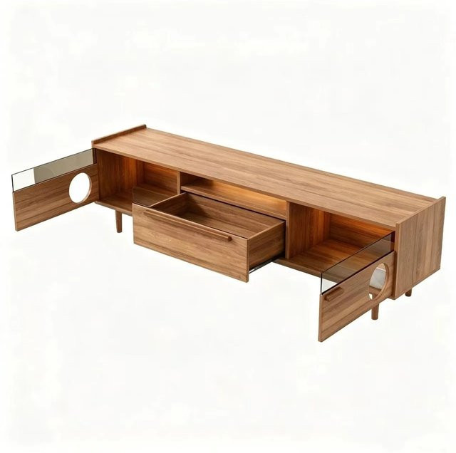 okwish TV Schrank mit LED Katzenruheraum und Glastüren in Nussbaum, B/T/H: 180 x 40 x 50 cm - Bild 1